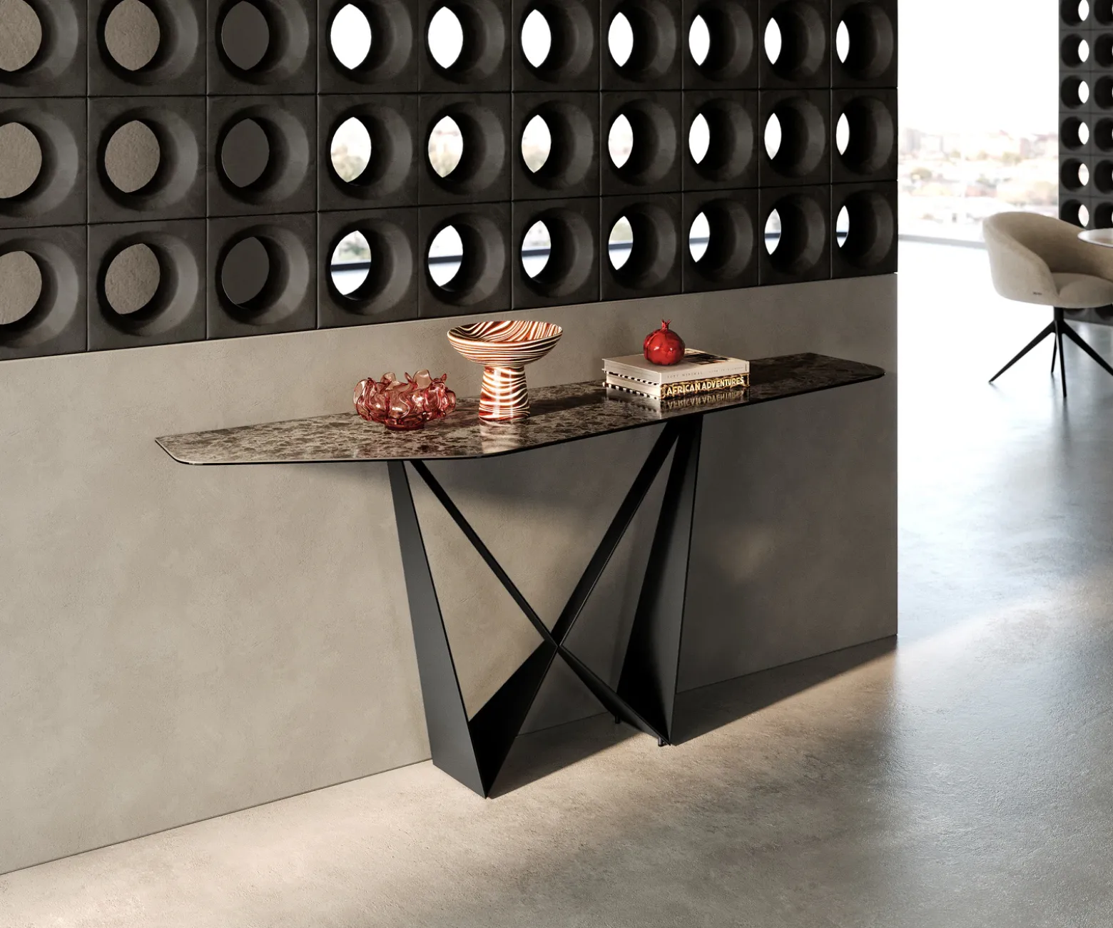 KonsolentischEdge Polygonal 180x50 cm Keramik Emperador Extra Lucidato Dunkelbraun Spios Metall Schwarz Sofort versandfertig