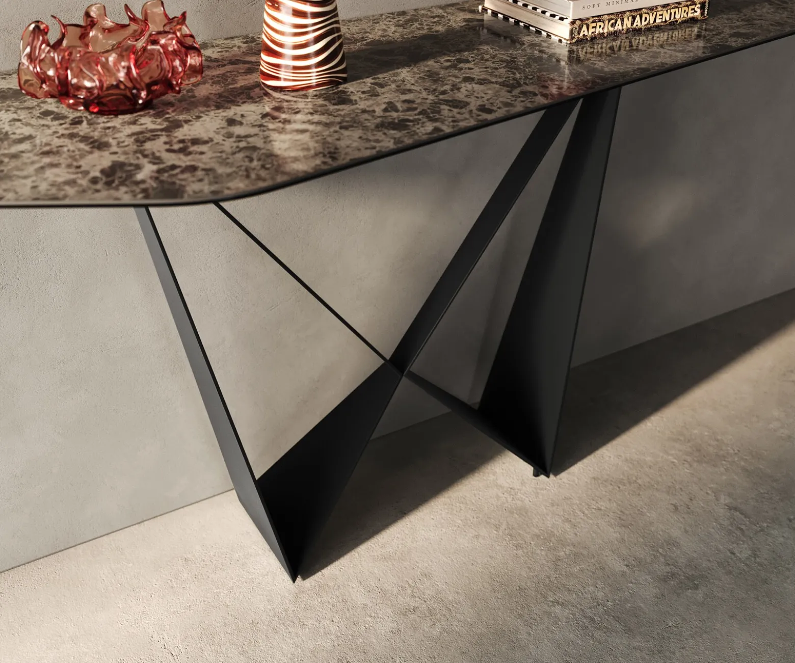KonsolentischEdge Polygonal 180x50 cm Keramik Emperador Extra Lucidato Dunkelbraun Spios Metall Schwarz Sofort versandfertig
