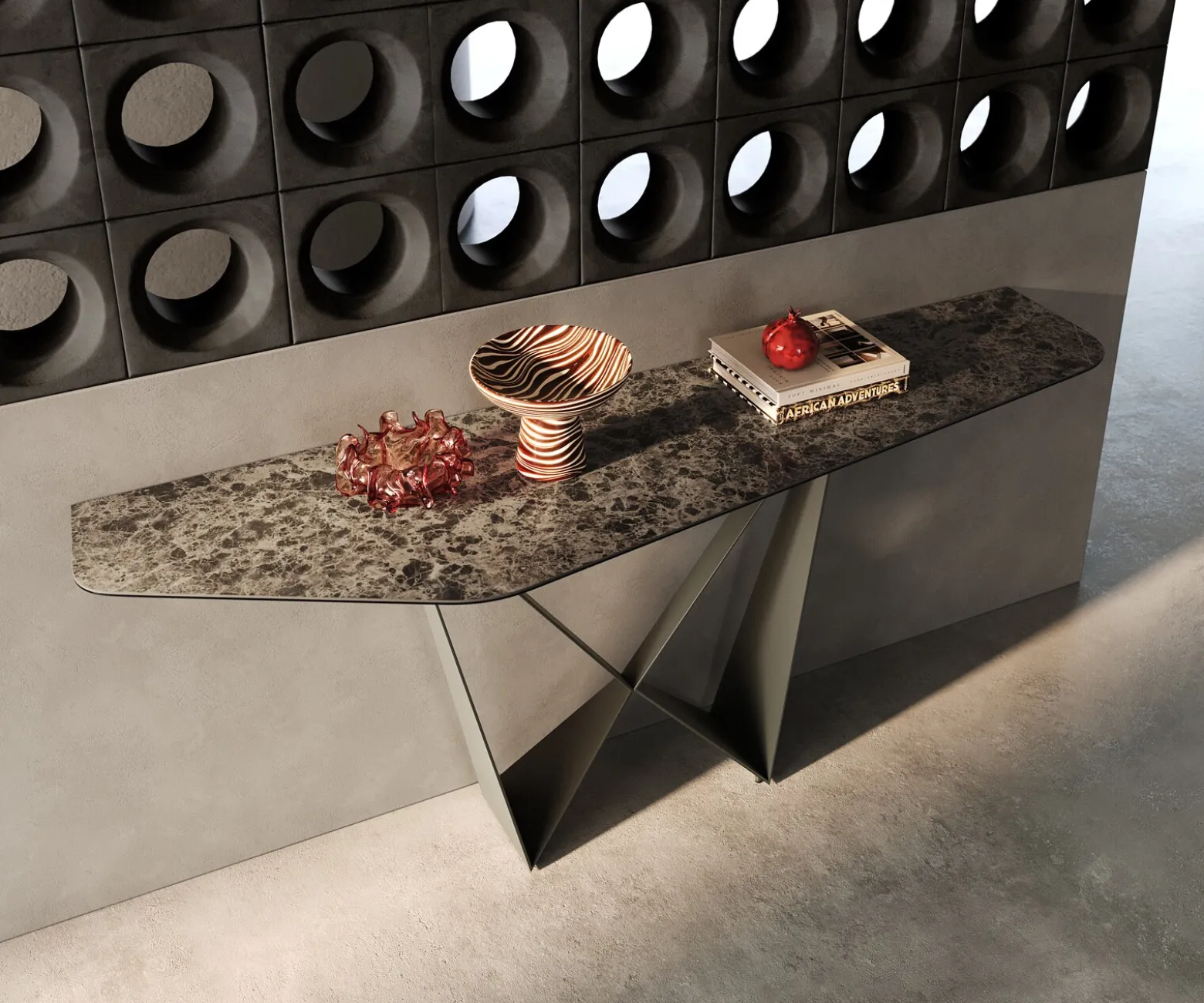 KonsolentischEdge Polygonal 180x50 cm Keramik Emperador Extra Lucidato Dunkelbraun Spios Metall Effektfinish Titan Sofort versandfertig
