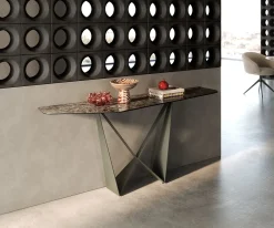 KonsolentischEdge Polygonal 180x50 cm Keramik Emperador Extra Lucidato Dunkelbraun Spios Metall Effektfinish Titan Sofort versandfertig