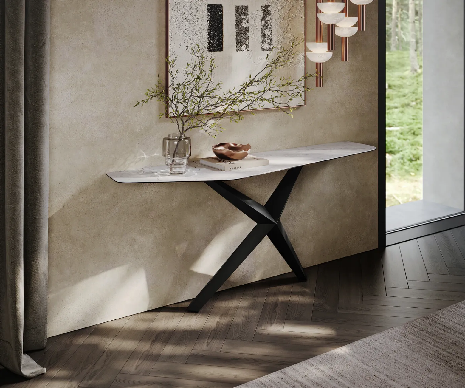 KonsolentischEdge Polygonal 180x50 cm Keramik Laminam® Statuarietto Weiß Zentharo Metall Schwarz Versandfertig ca. 06.01.27