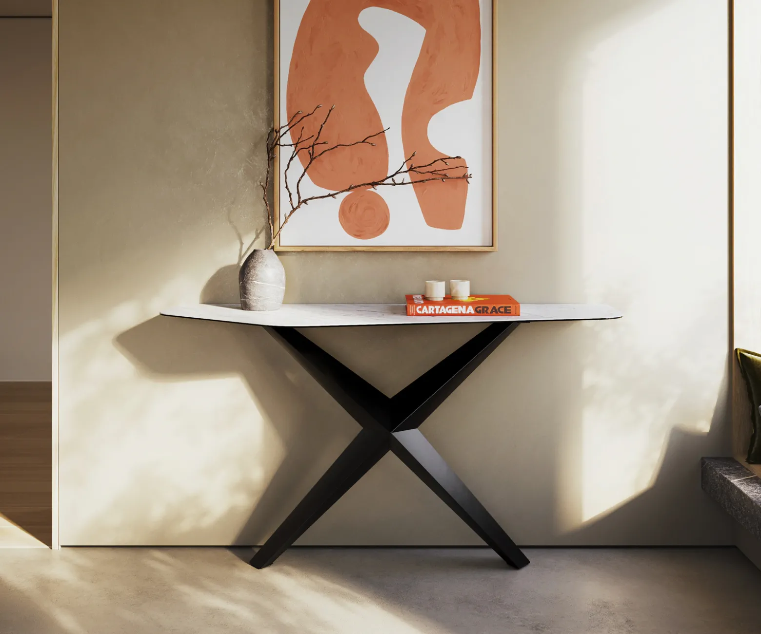 KonsolentischEdge Polygonal 140x50 cm Keramik Laminam® Statuarietto Weiß Zentharo Metall Schwarz Versandfertig ca. 06.01.27
