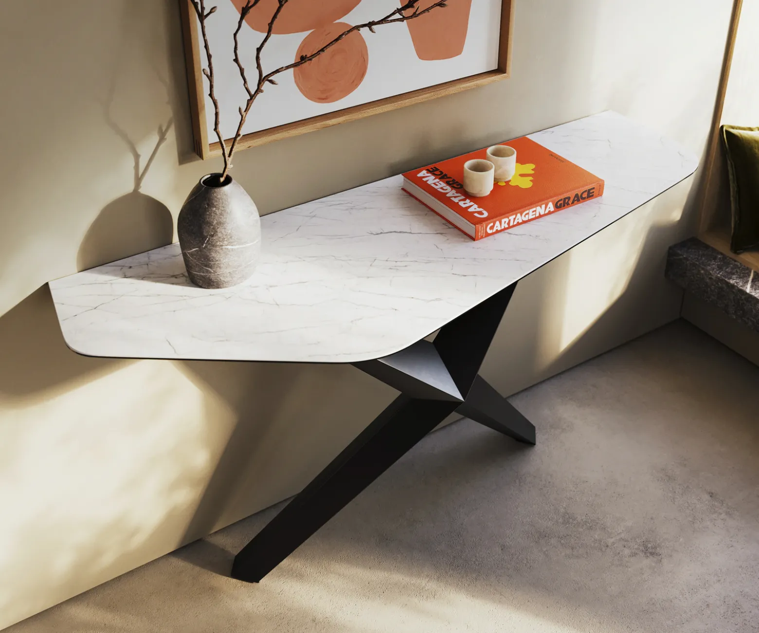 KonsolentischEdge Polygonal 140x50 cm Keramik Laminam® Statuarietto Weiß Zentharo Metall Schwarz Versandfertig ca. 06.01.27