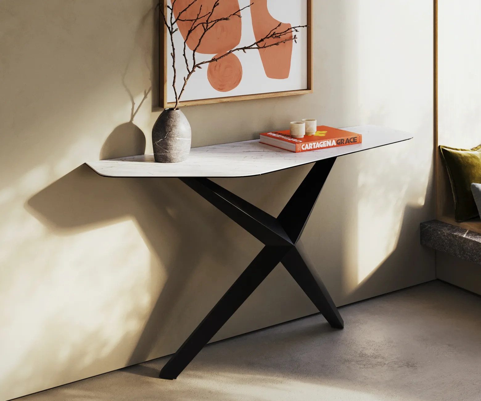 KonsolentischEdge Polygonal 140x50 cm Keramik Laminam® Statuarietto Weiß Zentharo Metall Schwarz Versandfertig ca. 06.01.27
