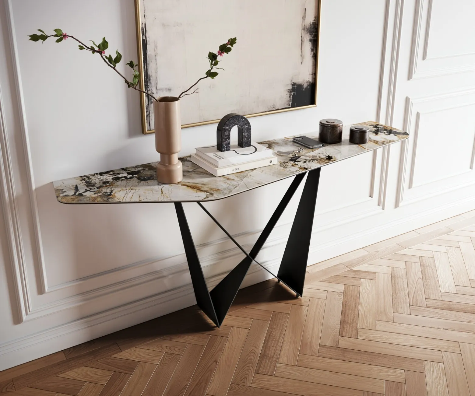 KonsolentischEdge Polygonal 180x50 cm Keramik Patagonia Poliert Spios Metall Schwarz Sofort versandfertig
