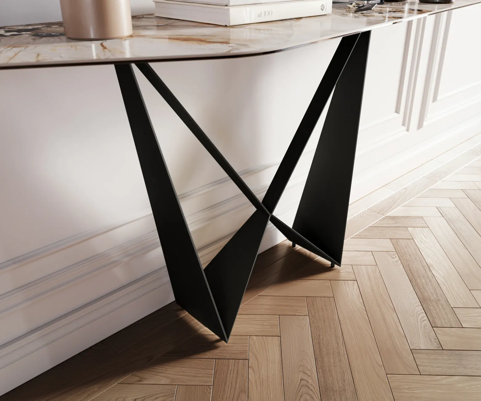 KonsolentischEdge Polygonal 180x50 cm Keramik Patagonia Poliert Spios Metall Schwarz Sofort versandfertig