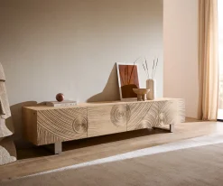 LowboardAshara 220 cm Eiche Natur 3D Effekt 4 Türen Kufe Edelstahl gebürstet Versandfertig ca. 28.10.26