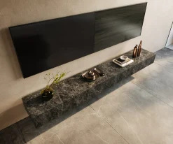 LowboardCuor 250 cm Keramik Emperador Extra Lucidato Dunkelbraun 1 Klappe 1 Schubfach Schwebend Versandfertig ca. 09.10.26