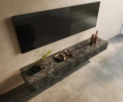 LowboardCuor 200 cm Keramik Emperador Extra Lucidato Dunkelbraun 1 Klappe 1 Schubfach Schwebend Versandfertig ca. 30.10.26
