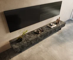 LowboardCuor 250 cm Keramik Emperador Extra Lucidato Dunkelbraun 1 Klappe 1 Schubfach Fuß Schwebeoptik Metall Schwarz Versandfertig ca. 09.10.26