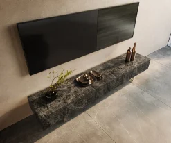 LowboardCuor 200 cm Keramik Emperador Extra Lucidato Dunkelbraun 1 Klappe 1 Schubfach Fuß Schwebeoptik Acrylglas Versandfertig ca. 30.10.26