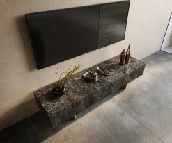 LowboardCuor 150 cm Keramik Emperador Extra Lucidato Dunkelbraun 1 Klappe 1 Schubfach Fuß Schwebeoptik Edelstahl Sofort versandfertig