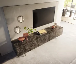 LowboardCuor 220 cm Keramik Emperador Extra Lucidato Dunkelbraun 1 Klappe 2 Schubfächer Fuß Schwebeoptik Acrylglas Sofort versandfertig