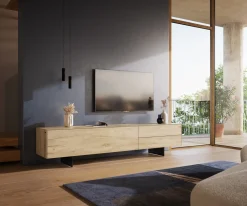 LowboardCuor 220 cm Keramik Laminam® Sabbia Eichefarbig 1 Klappe 2 Schubfächer Fuß Schwebeoptik Metall Schwarz Sofort versandfertig