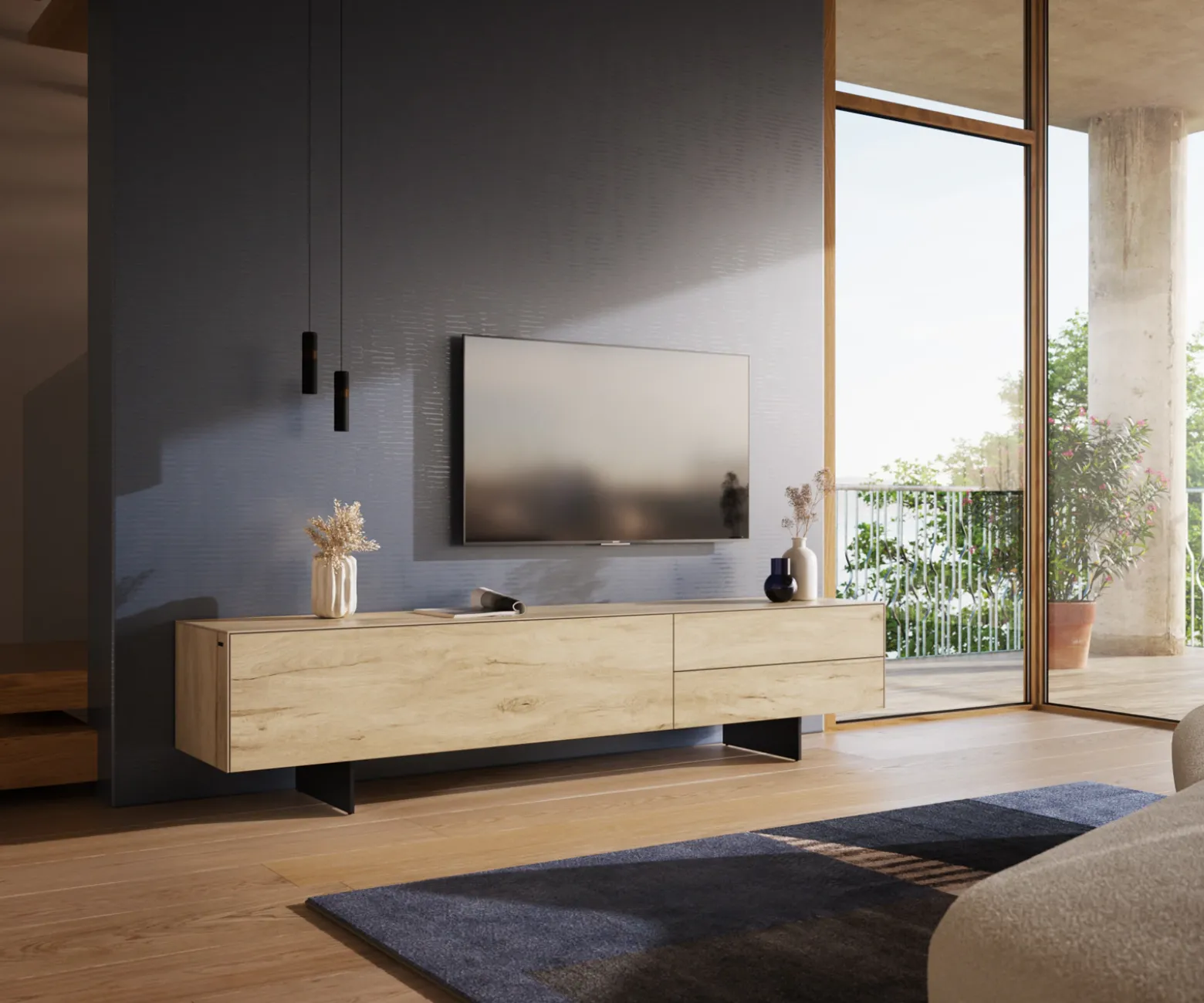 LowboardCuor 220 cm Keramik Laminam® Sabbia Eichefarbig 1 Klappe 2 Schubfächer Fuß Schwebeoptik Metall Schwarz Sofort versandfertig