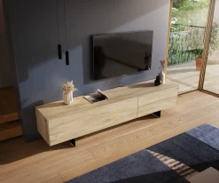 LowboardCuor 220 cm Keramik Laminam® Sabbia Eichefarbig 1 Klappe 2 Schubfächer Fuß Schwebeoptik Metall Schwarz Sofort versandfertig
