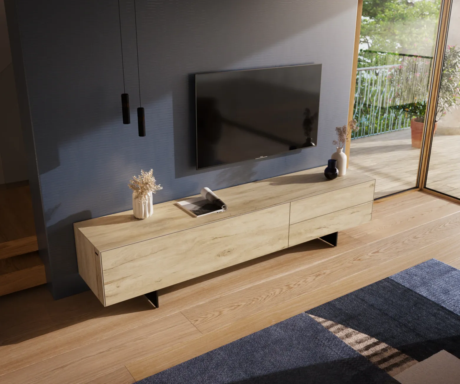 LowboardCuor 220 cm Keramik Laminam® Sabbia Eichefarbig 1 Klappe 2 Schubfächer Fuß Schwebeoptik Metall Schwarz Sofort versandfertig