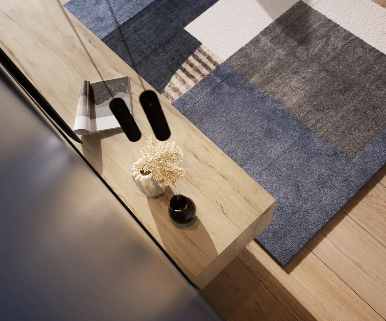 LowboardCuor 220 cm Keramik Laminam® Sabbia Eichefarbig 1 Klappe 2 Schubfächer Fuß Schwebeoptik Metall Schwarz Sofort versandfertig