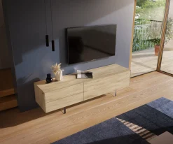 LowboardCuor 180 cm Keramik Laminam® Sabbia Eichefarbig 1 Klappe 2 Schubfächer Fuß Schwebeoptik Acrylglas Sofort versandfertig