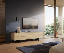 LowboardCuor 180 cm Keramik Laminam® Sabbia Eichefarbig 1 Klappe 2 Schubfächer Fuß Schwebeoptik Metall Schwarz Sofort versandfertig