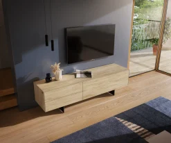 LowboardCuor 180 cm Keramik Laminam® Sabbia Eichefarbig 1 Klappe 2 Schubfächer Fuß Schwebeoptik Metall Schwarz Sofort versandfertig
