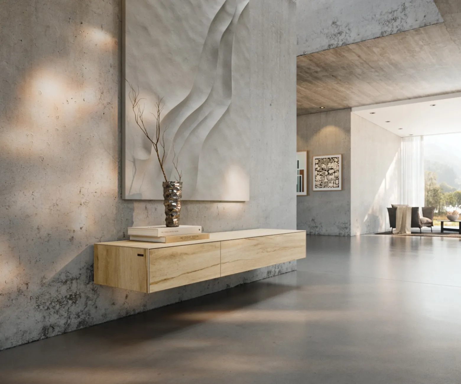 LowboardCuor 150 cm Keramik Laminam® Sabbia Eichefarbig 1 Klappe 1 Schubfach Schwebend Sofort versandfertig