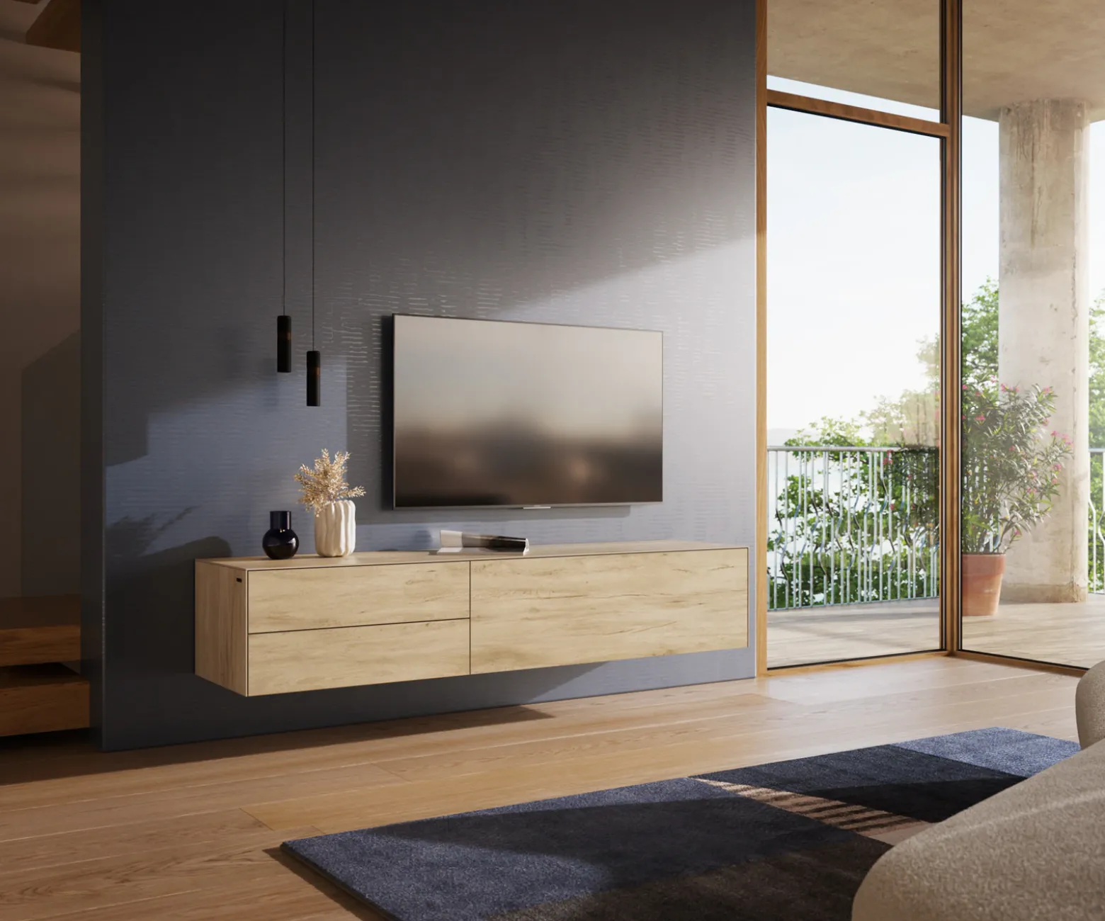 LowboardCuor 180 cm Keramik Laminam® Sabbia Eichefarbig 1 Klappe 2 Schubfächer Schwebend Sofort versandfertig