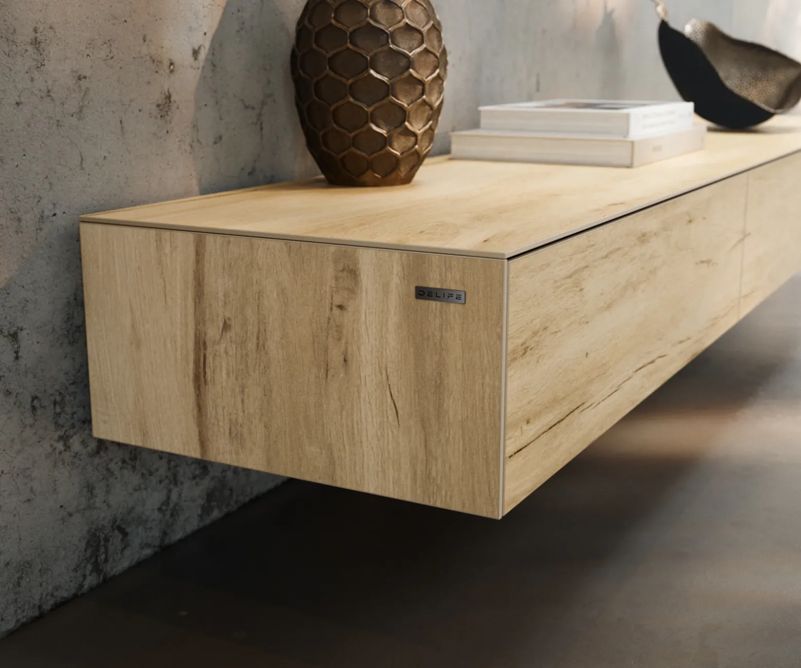 LowboardCuor 200 cm Keramik Laminam® Sabbia Eichefarbig 1 Klappe 1 Schubfach Fuß Schwebeoptik Edelstahl Sofort versandfertig