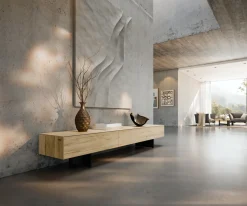 LowboardCuor 200 cm Keramik Laminam® Sabbia Eichefarbig 1 Klappe 1 Schubfach Fuß Schwebeoptik Metall Schwarz Sofort versandfertig