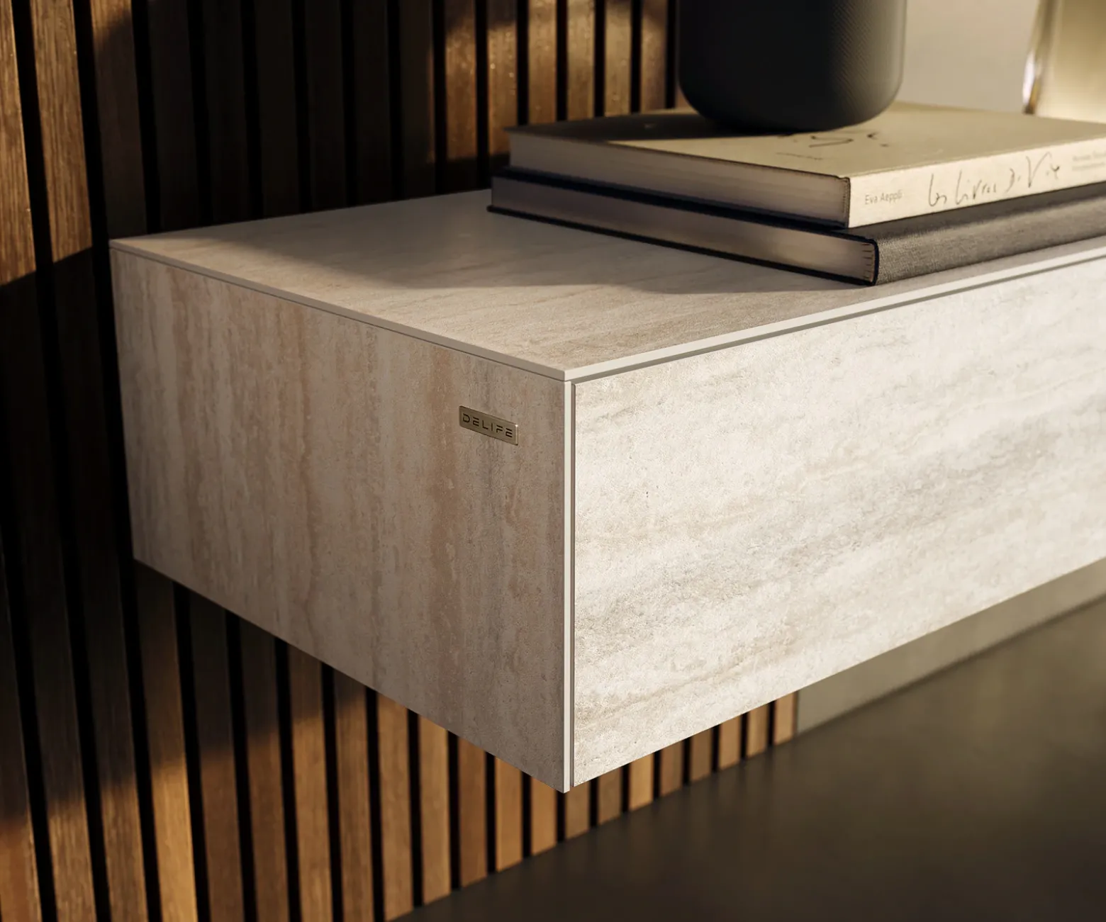 LowboardCuor 250 cm Keramik Laminam® Travertino Bianco Creme-Weiß 1 Klappe 1 Schubfach Schwebend Versandfertig ca. 09.10.26