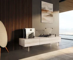 LowboardCuor 150 cm Keramik Laminam® Travertino Bianco Creme-Weiß 1 Klappe 1 Schubfach Fuß Schwebeoptik Acrylglas Versandfertig ca. 02.10.26