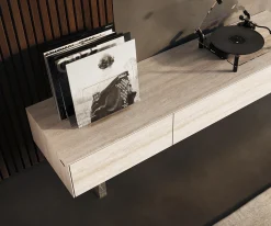 LowboardCuor 150 cm Keramik Laminam® Travertino Bianco Creme-Weiß 1 Klappe 1 Schubfach Fuß Schwebeoptik Acrylglas Versandfertig ca. 02.10.26