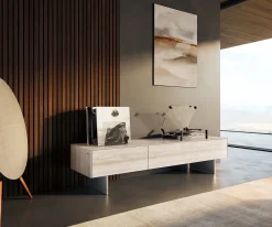 LowboardCuor 150 cm Keramik Laminam® Travertino Bianco Creme-Weiß 1 Klappe 1 Schubfach Fuß Schwebeoptik Edelstahl Versandfertig ca. 02.10.26