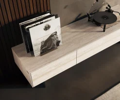LowboardCuor 150 cm Keramik Laminam® Travertino Bianco Creme-Weiß 1 Klappe 1 Schubfach Fuß Schwebeoptik Edelstahl Versandfertig ca. 02.10.26