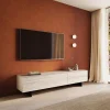 LowboardCuor 220 cm Keramik Laminam® Travertino Bianco Creme-Weiß 1 Klappe 2 Schubfächer Fuß Schwebeoptik Metall Schwarz Sofort versandfertig