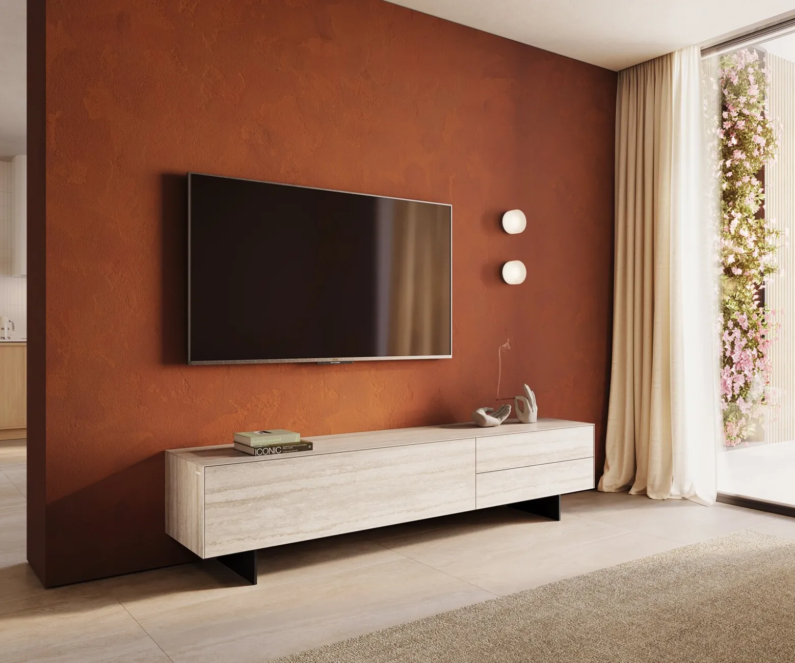 LowboardCuor 220 cm Keramik Laminam® Travertino Bianco Creme-Weiß 1 Klappe 2 Schubfächer Fuß Schwebeoptik Metall Schwarz Sofort versandfertig