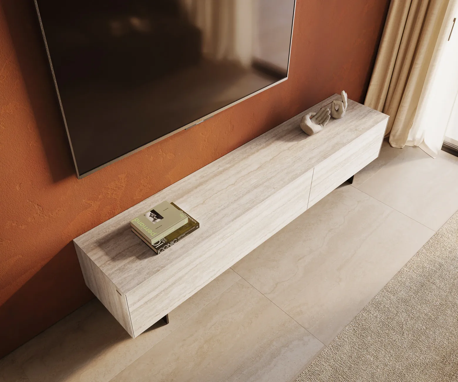 LowboardCuor 220 cm Keramik Laminam® Travertino Bianco Creme-Weiß 1 Klappe 2 Schubfächer Fuß Schwebeoptik Metall Schwarz Sofort versandfertig