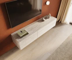 LowboardCuor 180 cm Keramik Laminam® Travertino Bianco Creme-Weiß 1 Klappe 2 Schubfächer Schwebend Sofort versandfertig