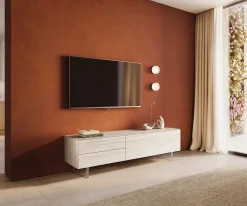 LowboardCuor 180 cm Keramik Laminam® Travertino Bianco Creme-Weiß 1 Klappe 2 Schubfächer Fuß Schwebeoptik Acrylglas Sofort versandfertig