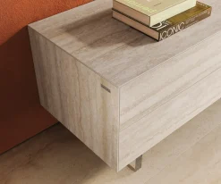 LowboardCuor 180 cm Keramik Laminam® Travertino Bianco Creme-Weiß 1 Klappe 2 Schubfächer Fuß Schwebeoptik Acrylglas Sofort versandfertig