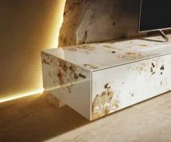 LowboardCuor 200 cm Keramik Minas Melange Weiß-Beige 1 Klappe 1 Schubfach Fuß Schwebeoptik Edelstahl Sofort versandfertig
