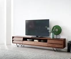 LowboardEloi 240x35 cm Akazie Braun 2 Türen 2 Schubladen V-Fuß Schwarz Sofort versandfertig