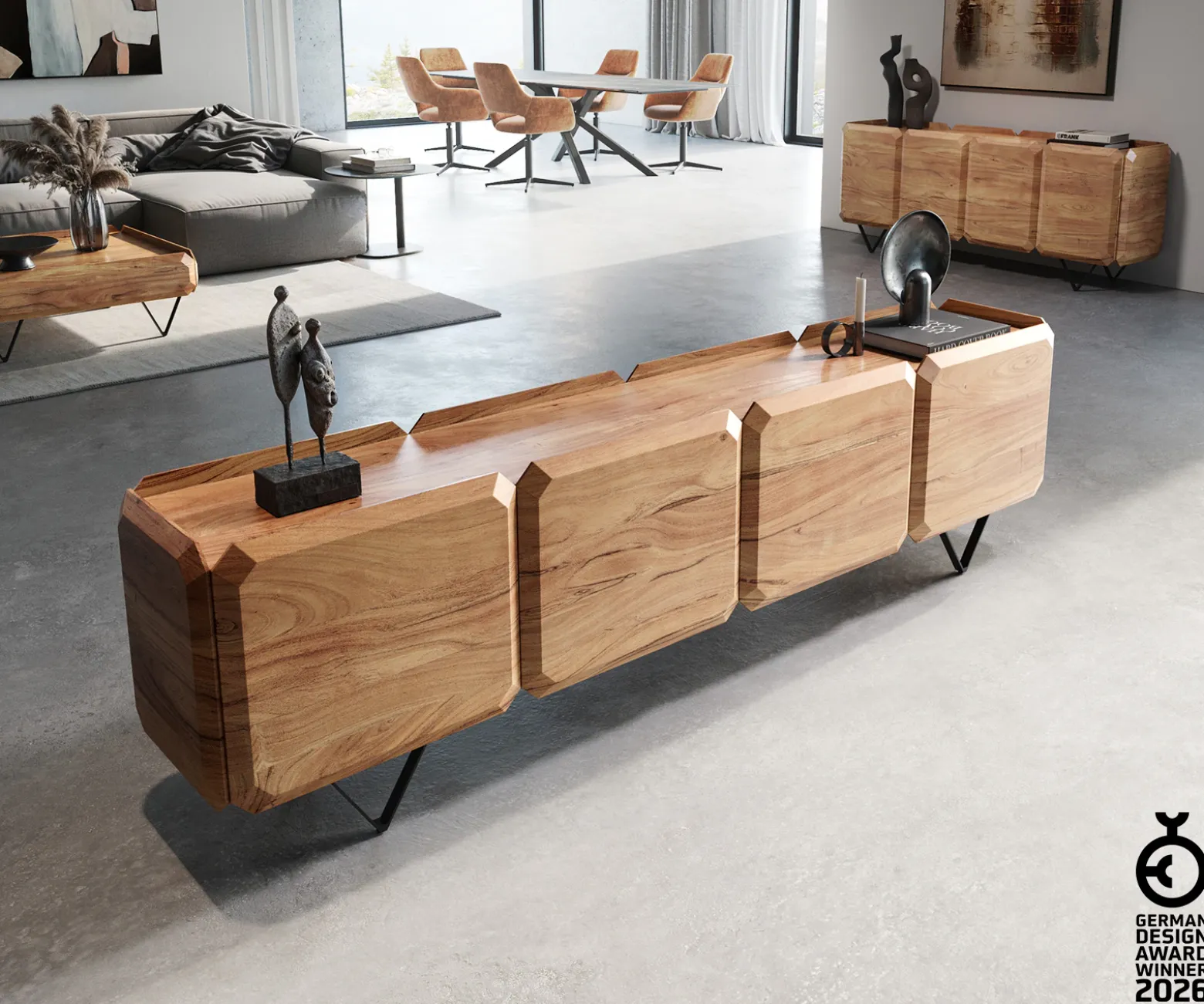 LowboardKiano 220 cm Akazie Natur 4 Türen V-Fuß Schwarz Raumteiler Sofort versandfertig