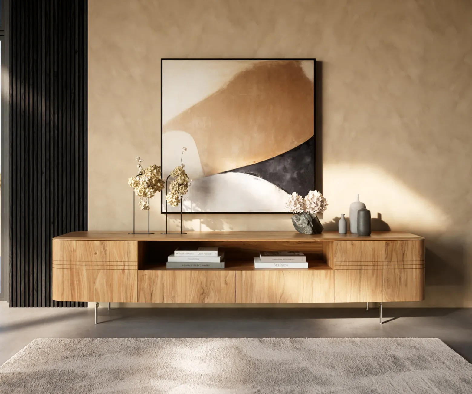 LowboardNagaru 240 cm Akazie Aura 2 Türen 2 Schubladen 1 Fach Fuß Oval Edelstahl Sofort versandfertig