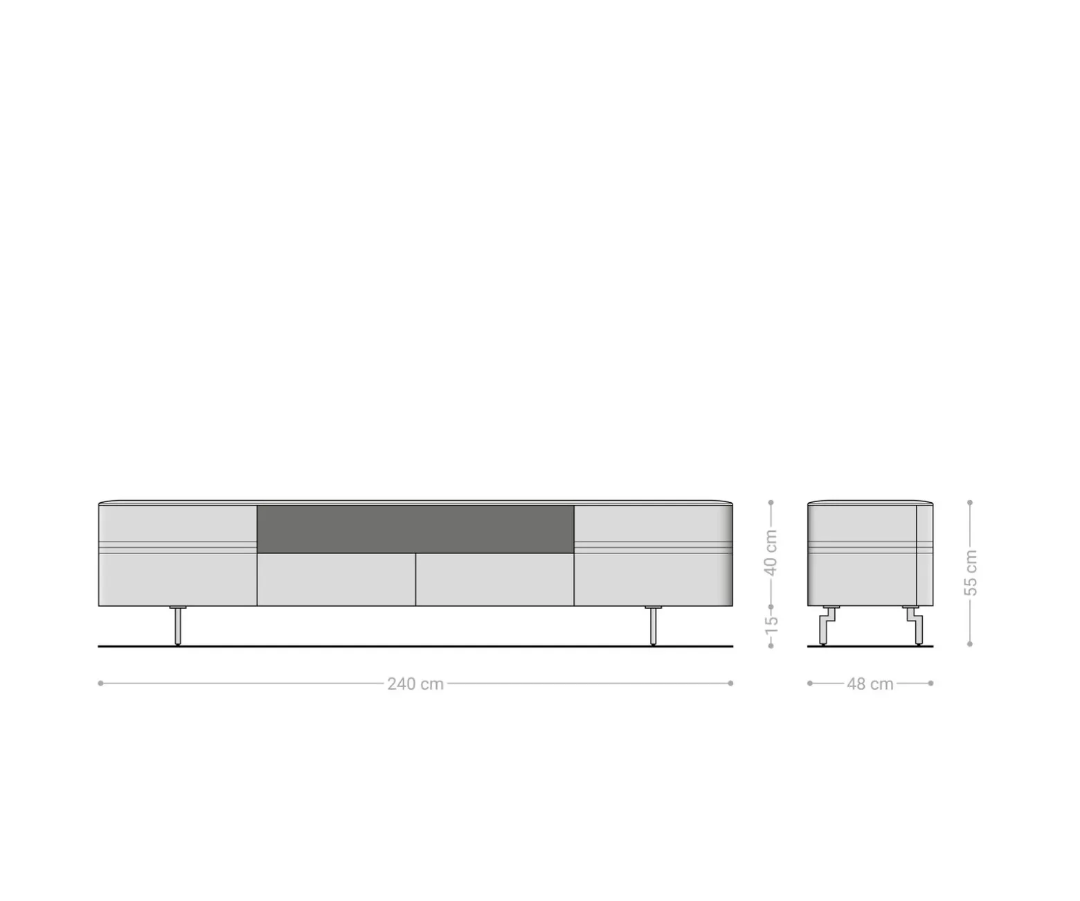 LowboardNagaru 240 cm Akazie Aura 2 Türen 2 Schubladen 1 Fach Fuß Oval Edelstahl Sofort versandfertig