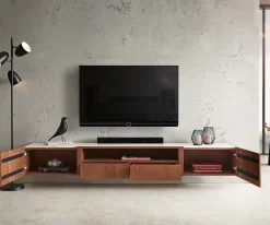 LowboardSecara 220 cm Akazie Braun 2 Türen 2 Schübe Marmor schwebend Versandfertig ca. 07.11.26