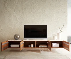 LowboardSecara 220 cm Akazie Natur 4 Türen Marmor Füße Edelstahl Versandfertig ca. 25.11.26
