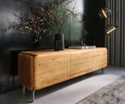 LowboardShavani 175 cm Akazie Natur 2 Türen 2 Schubladen L-Fuß Edelstahl Silber Sofort versandfertig