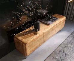 LowboardShavani 175 cm Akazie Natur 2 Türen 2 Schubladen Rundfuß Edelstahl Silber Sofort versandfertig