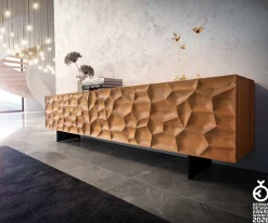LowboardSolu 220 cm Akazie Natur 2 Türen 4 Schübe Fuß schwebend Metall Schwarz 3D-Front Sofort versandfertig